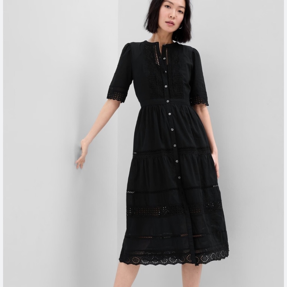 GAP Lace Button-Up Midi Dress, BLACK SIZE XXS #595234 X0715H